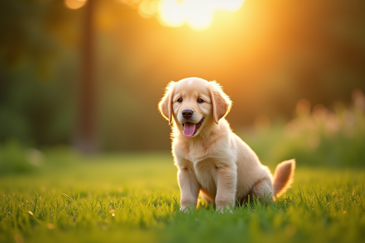 Chiot golden retriever sur pelouse en fin d'après-midi