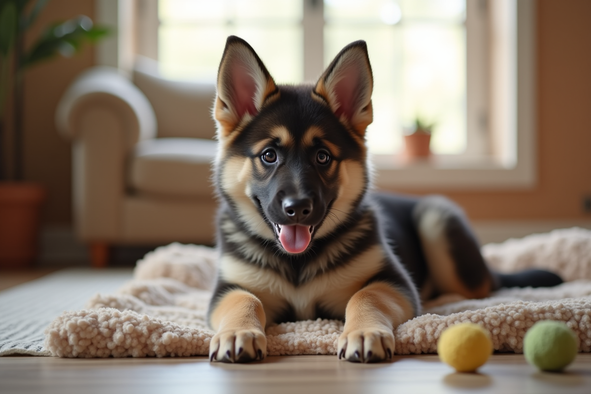 Chiot mix German Shepherd et Husky sur un tapis dans le salon