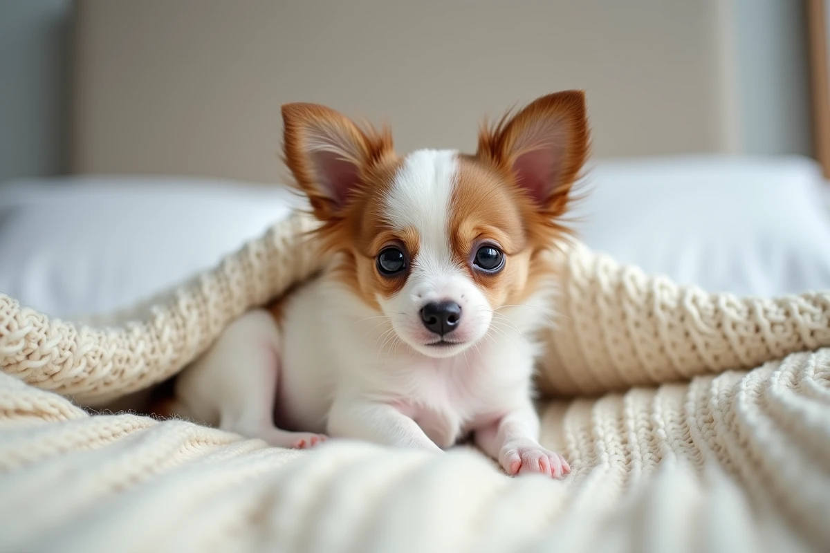 Chiot Papillon Chihuahua aux yeux expressifs allongé sur une couverture en tricot crème dans une chambre minimaliste
