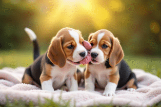 Une portée de chiots beagle jouant sur une couverture en plein air