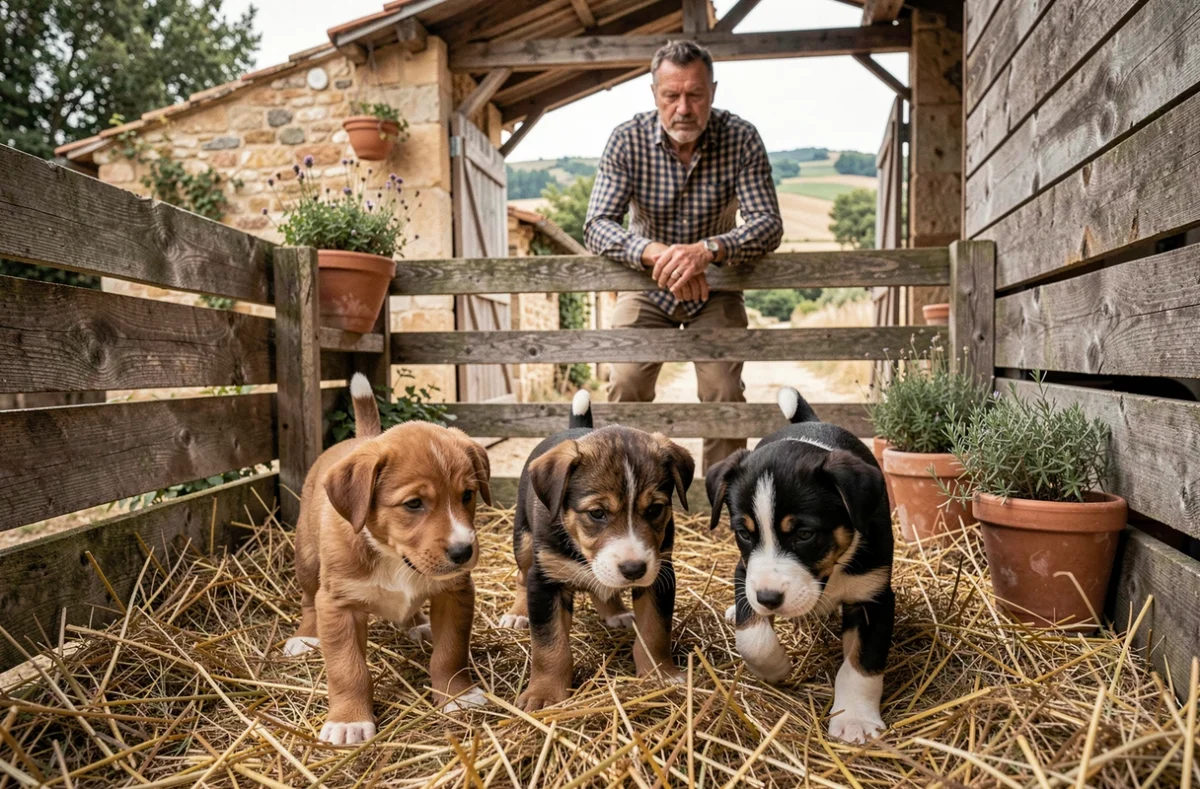 Chiots en bonne santé dans un élevage canin rustique des Bouches-du-Rhône surveillés par un éleveur expérimenté