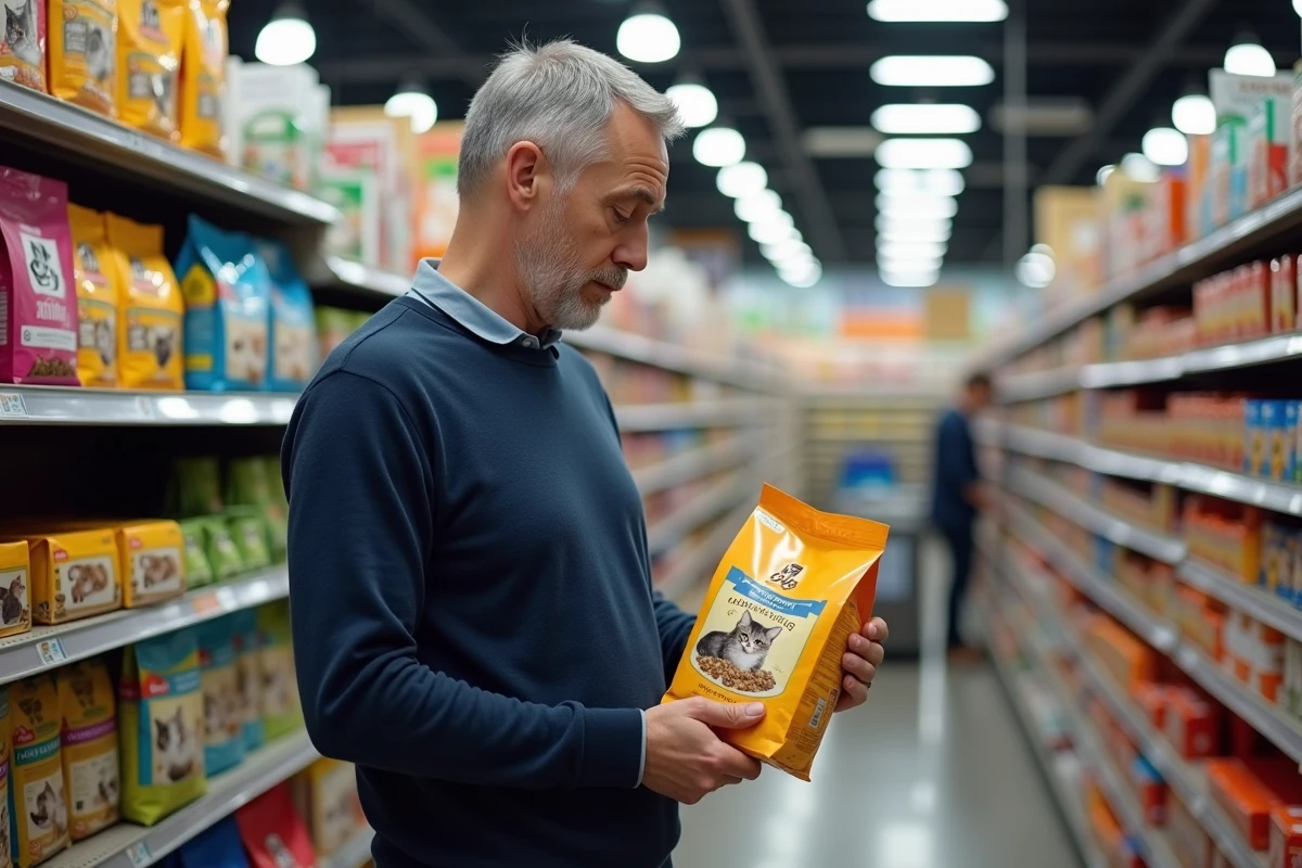 Homme comparant des sacs de croquettes pour chien et chat dans un rayon de supermarché