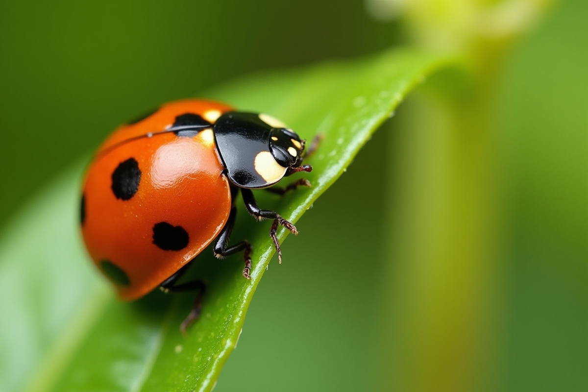 Gros plan d'une coccinelle colorée sur une feuille verte