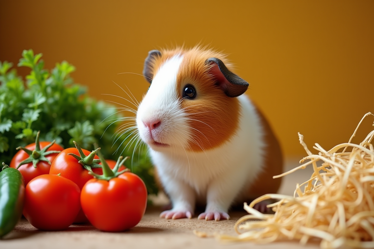 Cochon d'Inde avec légumes frais et foin naturel