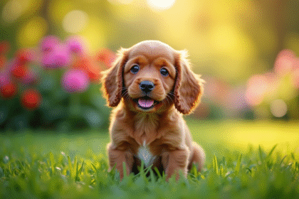 Chiot cocker spaniel dans un jardin ensoleille