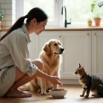 Femme donnant des croquettes à son chien golden retriever et son chat tigré dans une cuisine moderne