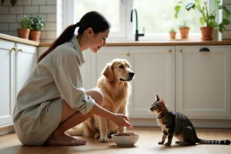 Femme donnant des croquettes à son chien golden retriever et son chat tigré dans une cuisine moderne