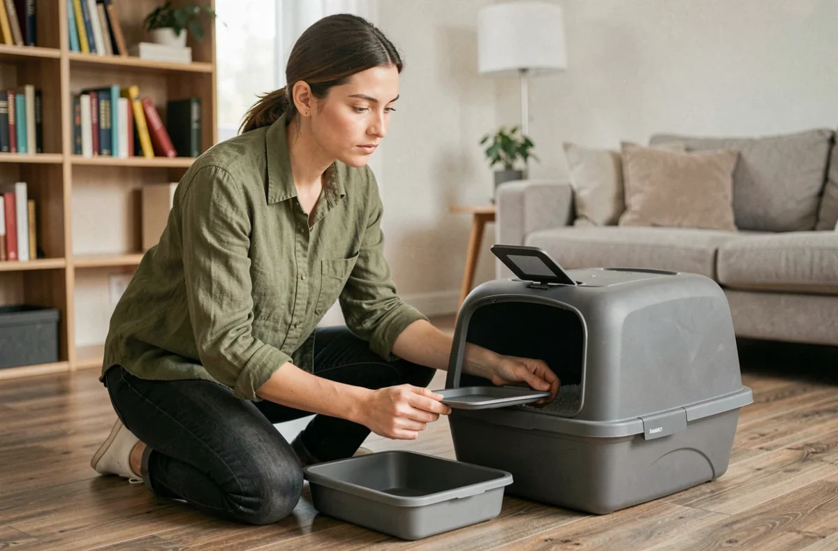 Femme comparant un bac à litière bas de gamme et un modèle haut de gamme fermé dans un appartement moderne
