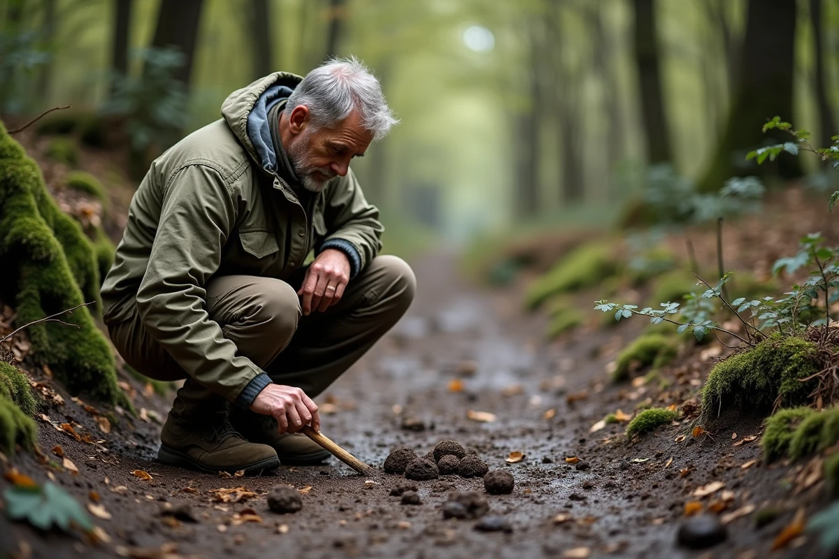 Naturaliste comparant des crottes de sanglier fraîches et anciennes sur un sentier forestier