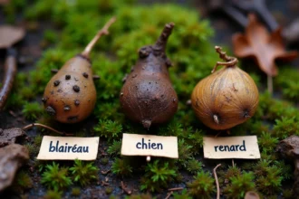Comparaison côte à côte de crottes de blaireau, de chien et de renard sur un sol forestier moussu, étiquetées pour identification