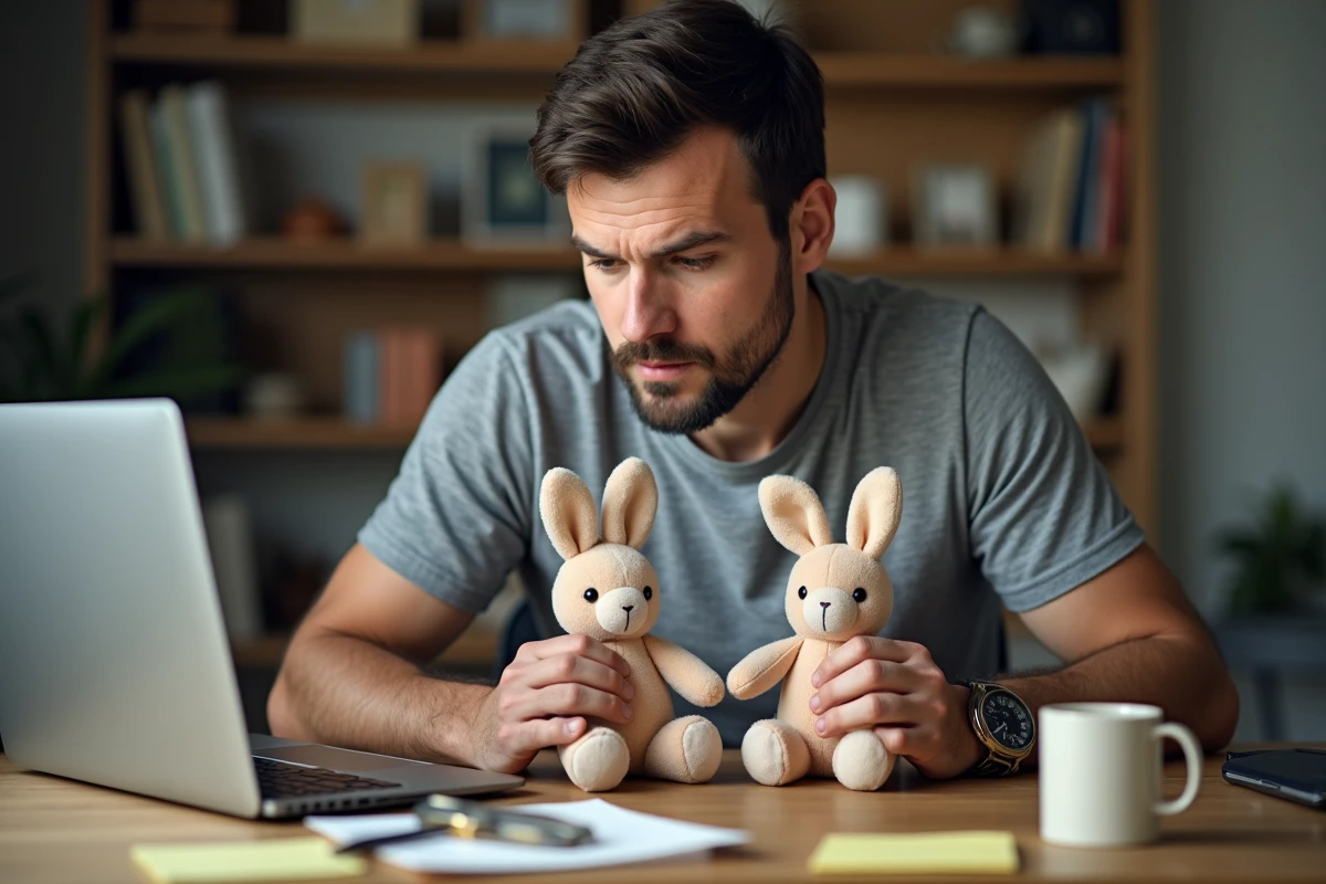 Homme comparant deux peluches Bunny Pal à la loupe sur un bureau d'accueil pour identifier une fausse version en ligne