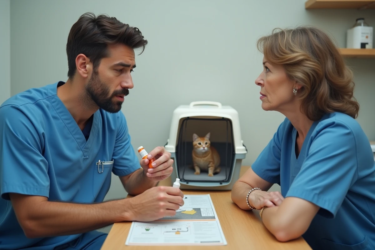 Vétérinaire expliquant le traitement Metacam à la propriétaire d'un chat lors d'une consultation vétérinaire