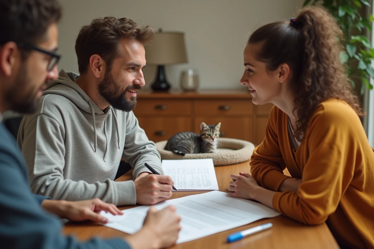Deux particuliers signant un contrat de cession pour l'adoption d'un chaton afin d'éviter les litiges