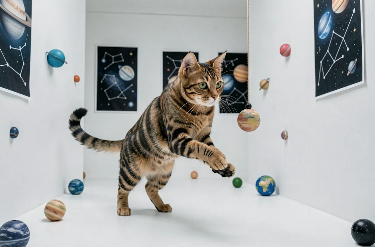 Chat de race joueur en plein saut dans une chatterie moderne décorée de motifs spatiaux représentant l'élevage Cosmic Monkeys