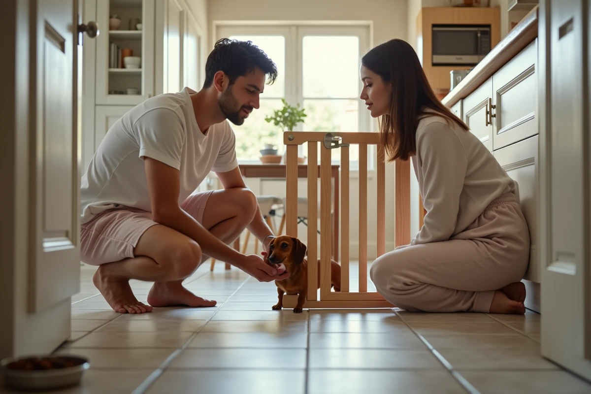 Jeune couple posant une barrière pour bébé dans la cuisine
