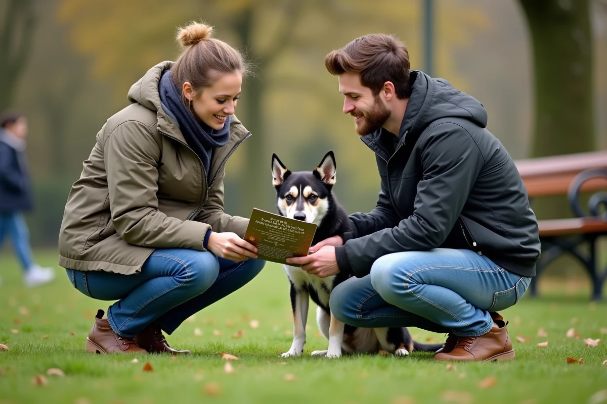 Jeune couple avec chien dans un parc lisant une brochure