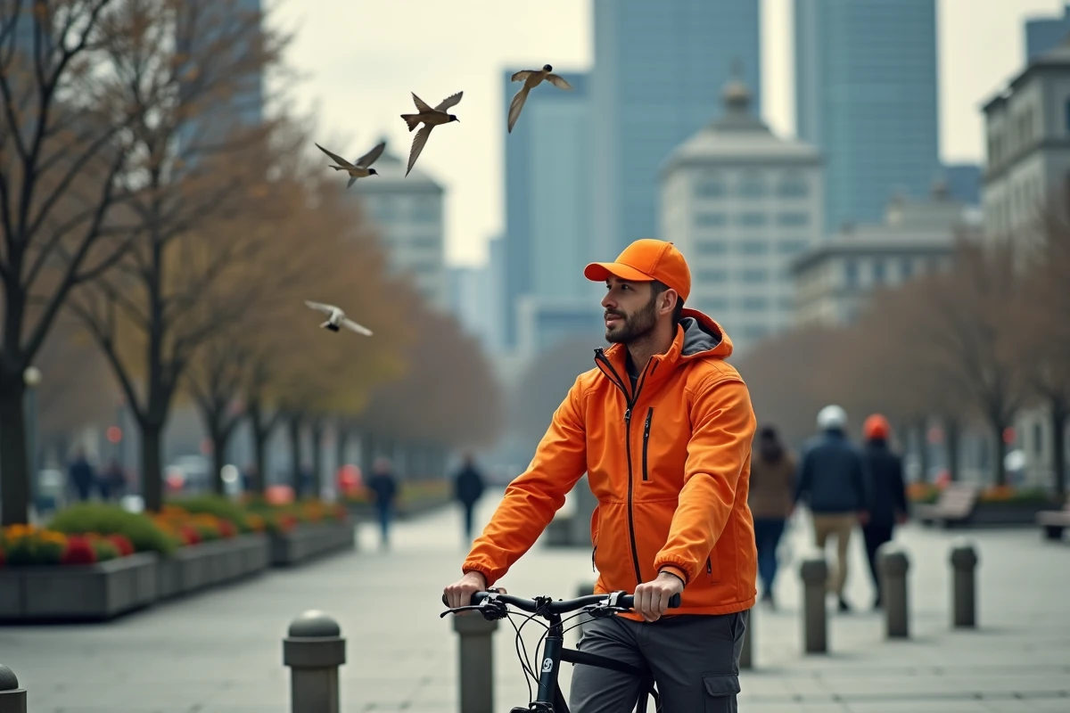 Homme livreur en orange avec hirondelles dans une place urbaine