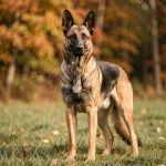 Croisé Malinois Berger allemand adulte en alerte dans un champ herbeux en automne, pelage fauve et noir bien visible