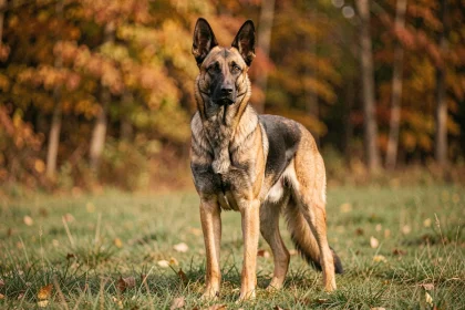 Croisé Malinois Berger allemand adulte en alerte dans un champ herbeux en automne, pelage fauve et noir bien visible