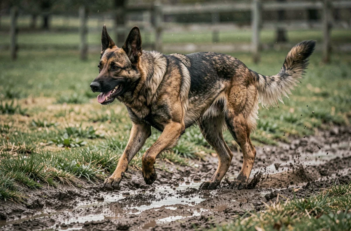 Croisé Malinois Berger allemand adulte en pleine course sur un sentier de parc, posture athlétique et dynamique