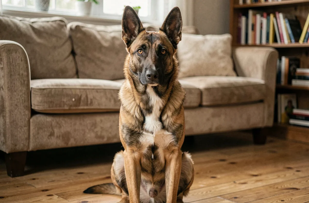 Chienne croisée Malinois Berger allemand assise dans un salon, regard attentif et pelage bicolore bien détaillé