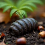 Crottes de sanglier fraîches sur un sol forestier humide avec feuilles et glands