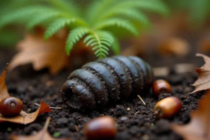 Crottes de sanglier fraîches sur un sol forestier humide avec feuilles et glands