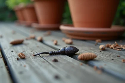 Crottes d'animal nocturne sur une terrasse en bois de jardin, gros plan montrant des déjections allongées près d'un pot en terre cuite