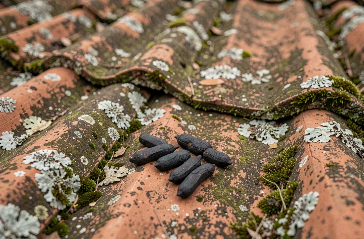 Crottes de fouine sur des tuiles de toiture en terre cuite moussues indiquant une infestation non traitée