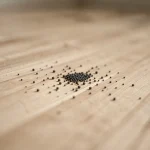 Gros plan sur de minuscules crottes noires sur un plancher en bois clair, permettant de distinguer leur forme et texture pour identifier leur origine
