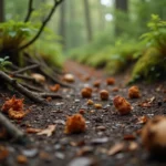 Crottes de sanglier sur un sentier forestier en automne entouré de fougères et de feuilles mortes