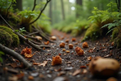 Crottes de sanglier sur un sentier forestier en automne entouré de fougères et de feuilles mortes