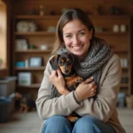 Femmes souriante tenant un chiot teckel miniature