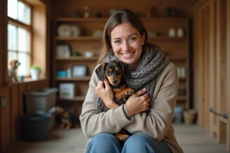 Femmes souriante tenant un chiot teckel miniature