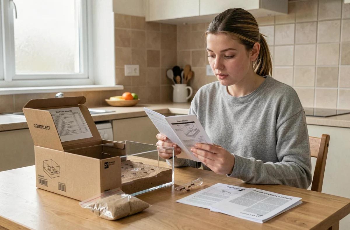 Femme adulte découvrant le contenu d'un kit fourmilière creusable déballé sur une table de cuisine, avec sable, notice et enceinte acrylique