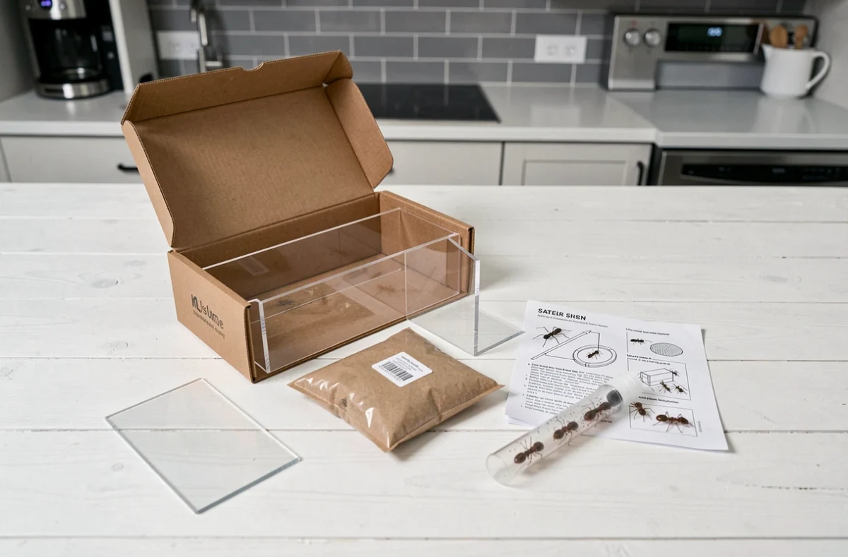 Déballage d'un kit fourmilière livré à domicile avec panneau acrylique sable et tube de fourmis sur table de cuisine