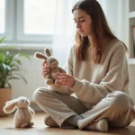 Femme examinant un jouet lapin en peluche Bunny Pal pour détecter une contrefaçon, assise dans un appartement scandinave minimaliste