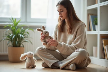 Femme examinant un jouet lapin en peluche Bunny Pal pour détecter une contrefaçon, assise dans un appartement scandinave minimaliste