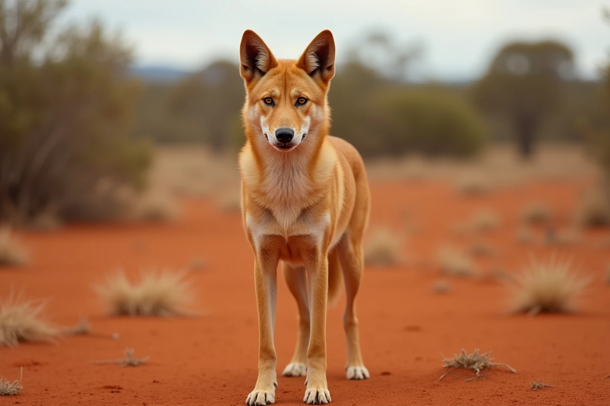Dingo sauvage en alerte dans le bush australien, exemple d'animal commençant par la lettre D pour exposé