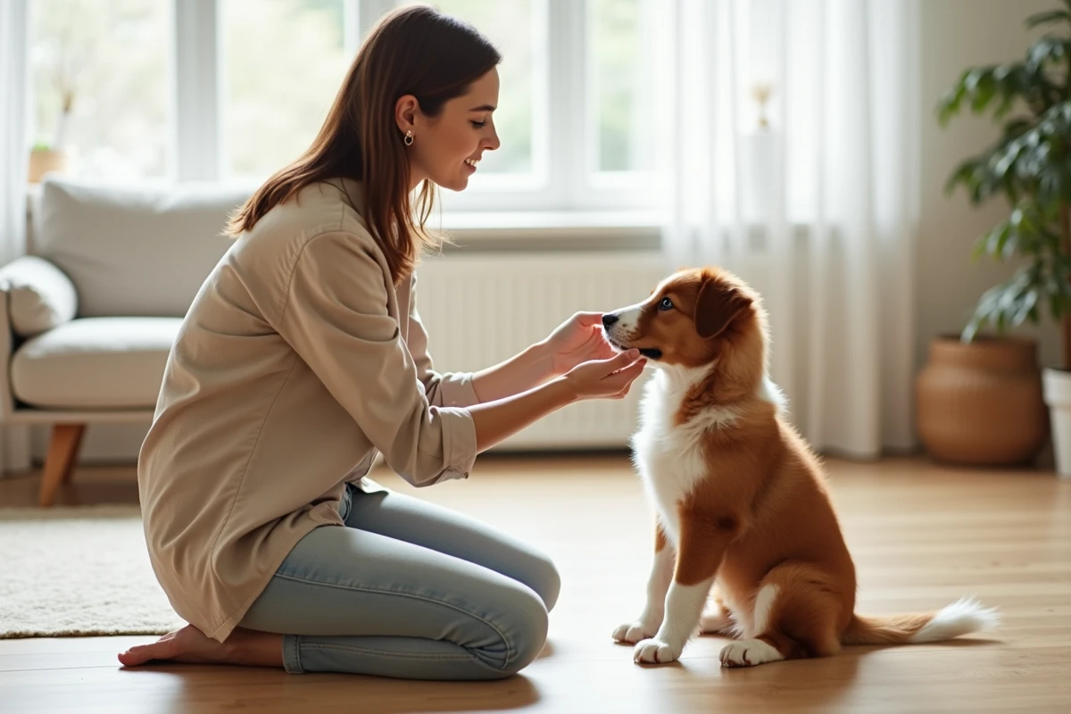 Jeune femme faisant une séance d'éducation positive avec un chiot Berger Australien tricolore rouge en intérieur