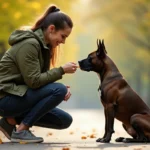 Femme pratiquant l'éducation positive avec un American Staffordshire Terrier calme dans un parc urbain en automne