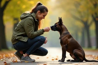 Femme pratiquant l'éducation positive avec un American Staffordshire Terrier calme dans un parc urbain en automne