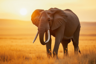 Eléphant africain marchant dans la savane ensoleillee