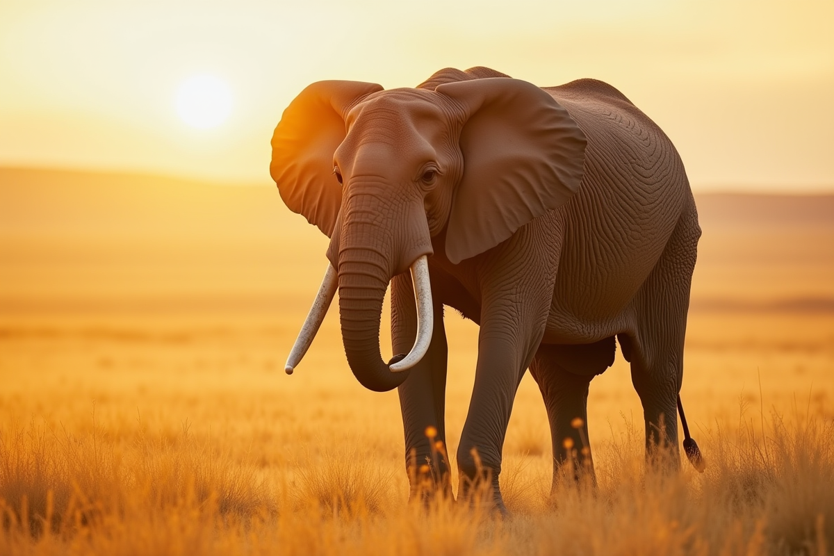 Eléphant africain marchant dans la savane ensoleillee