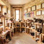 Intérieur d'une chatterie professionnelle dans le Rhône avec plusieurs chats de race sur des arbres à chats en velours et bois