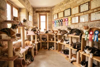 Intérieur d'une chatterie professionnelle dans le Rhône avec plusieurs chats de race sur des arbres à chats en velours et bois
