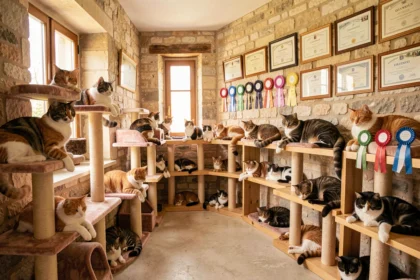 Intérieur d'une chatterie professionnelle dans le Rhône avec plusieurs chats de race sur des arbres à chats en velours et bois