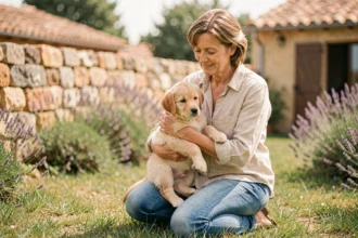 Éleveuse de chiots en Provence tenant tendrement un chiot Labrador doré dans une ferme des Bouches-du-Rhône