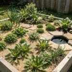 Enclos extérieur pour tortue aménagé avec des plantes comestibles variées comme le plantain, le trèfle et le pissenlit organisés en zones de plantation sur substrat sableux