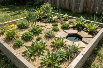 Enclos extérieur pour tortue aménagé avec des plantes comestibles variées comme le plantain, le trèfle et le pissenlit organisés en zones de plantation sur substrat sableux